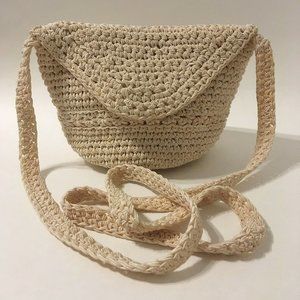 Beige Crocheted Knit Purse Shoulder Bag Handbag Cream Hand Made Signed Lining